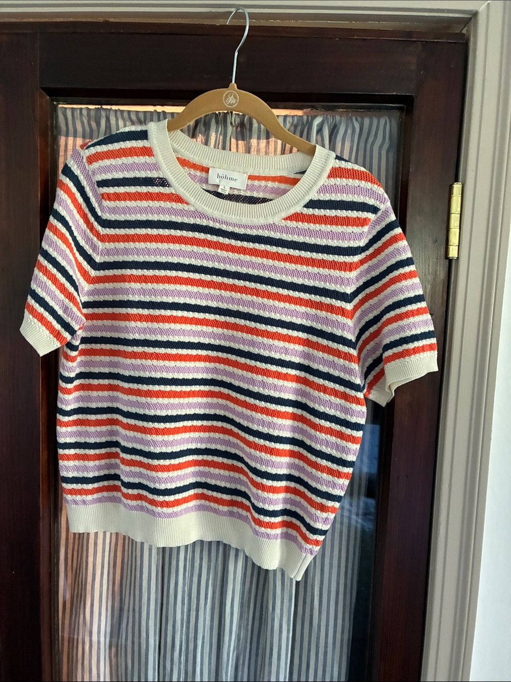 bohme Cream Short-Sleeve Crewneck Sweater with Orange, Navy & Pink Stripes